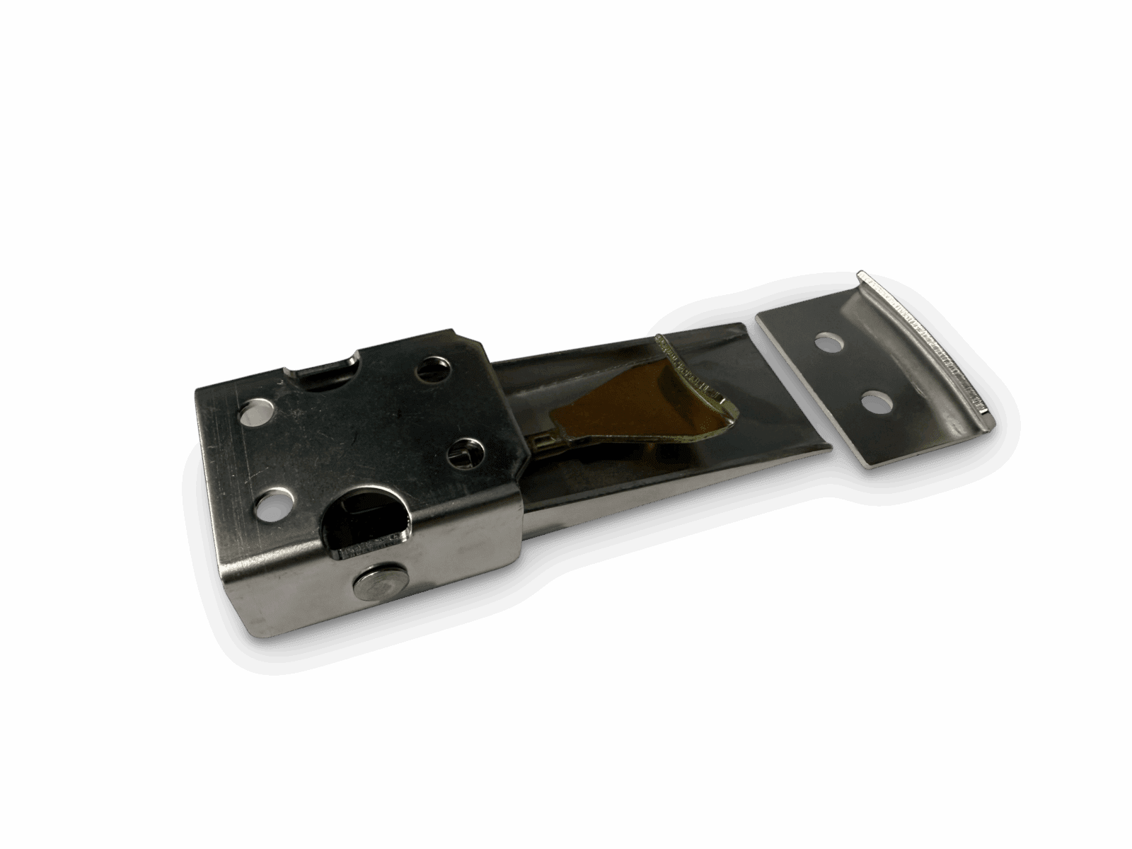 Metallic toggle latch with lever handle and flat mounting plate on black background