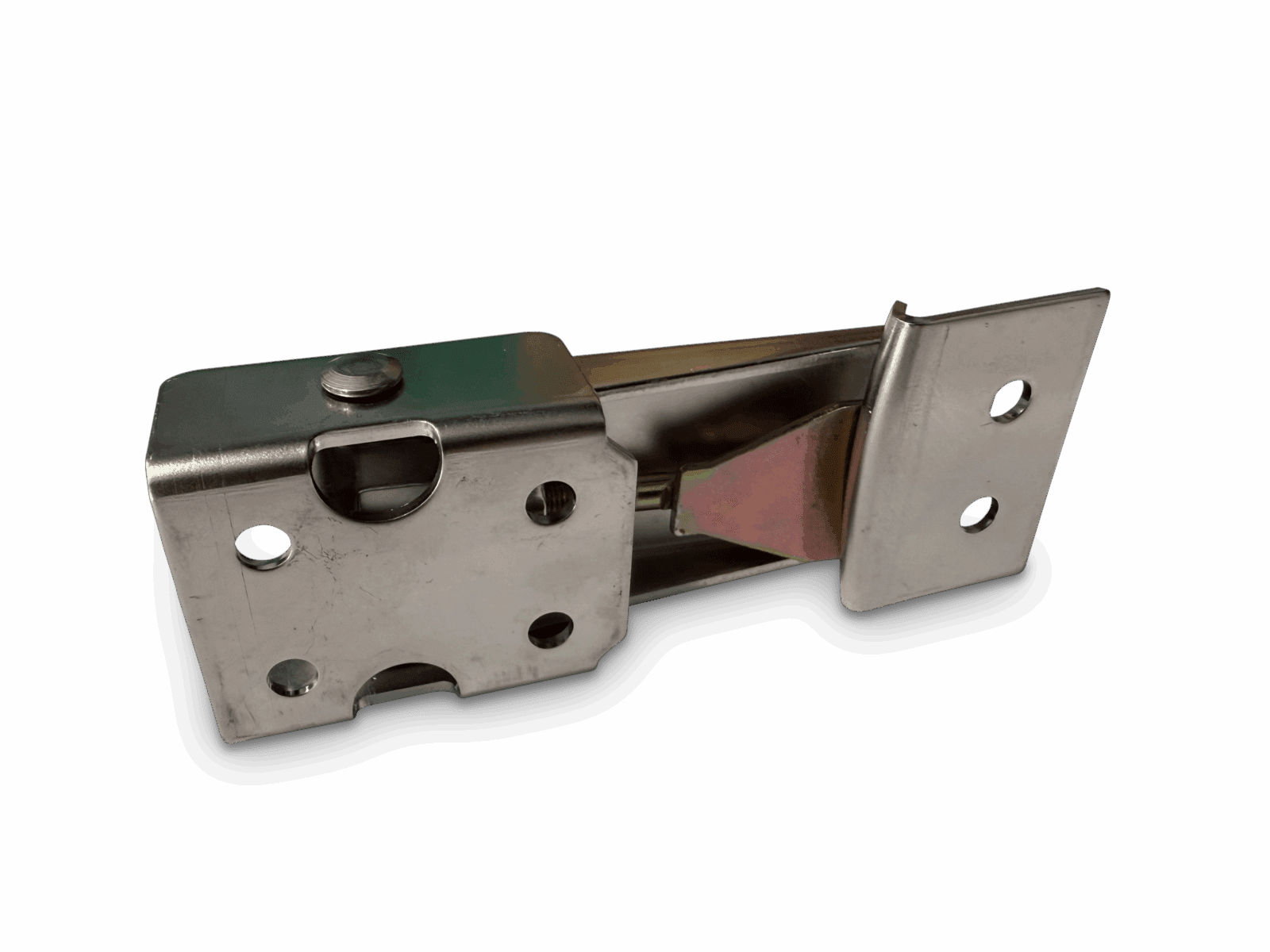 Metallic door latch with rectangular base, screw holes, extending arm, and triangular bracket.