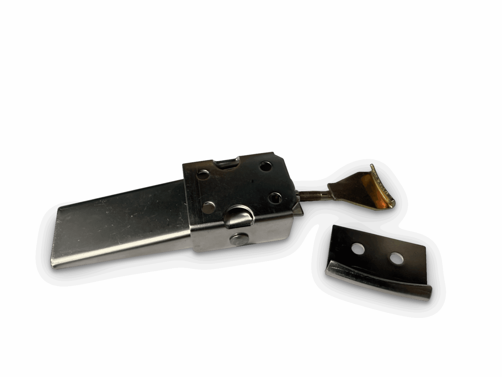 Metal toggle latch with golden lever and separate rectangular metal plate on black background