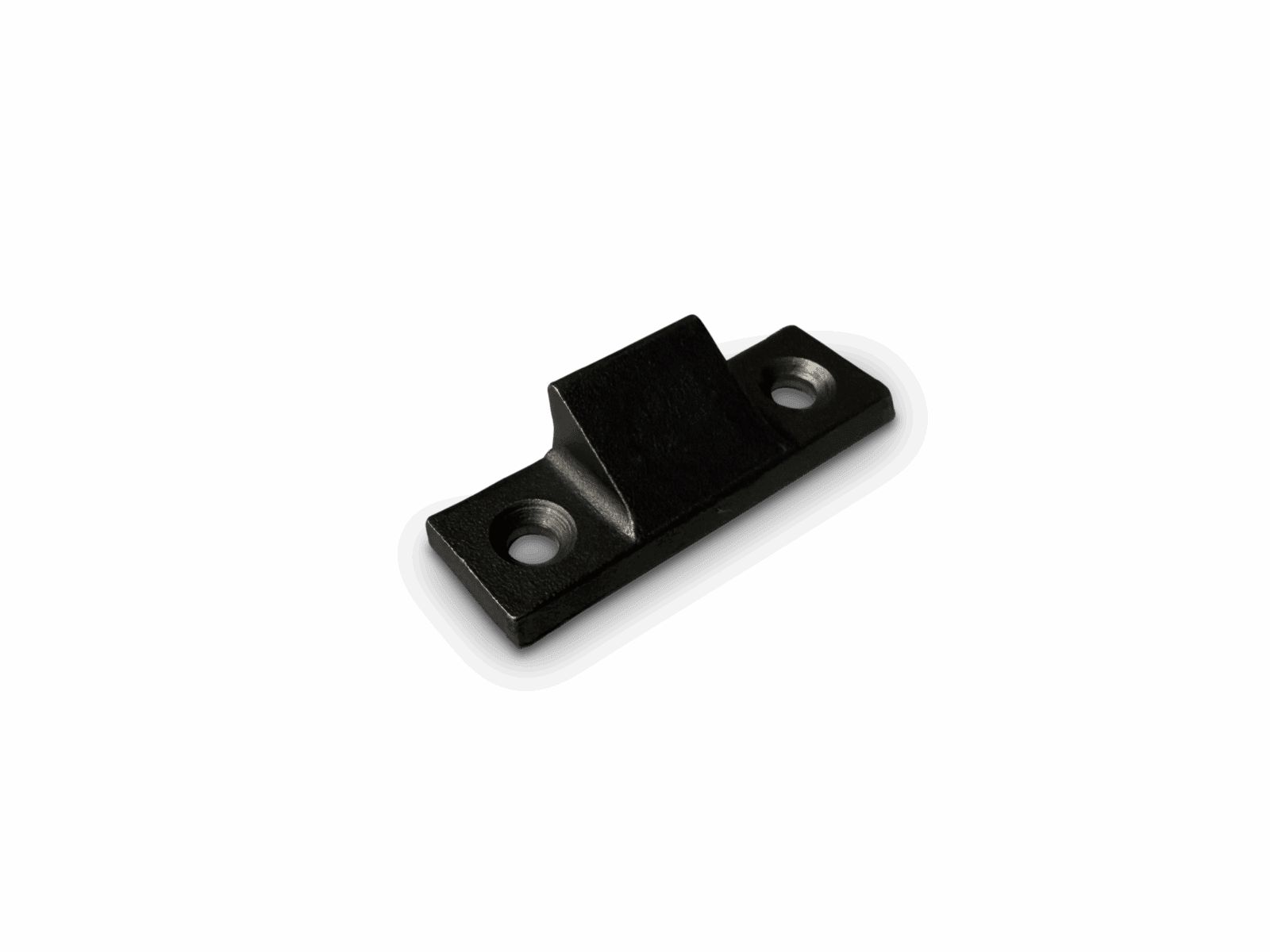 Black metal mounting bracket with two screw holes and a raised central section on black background