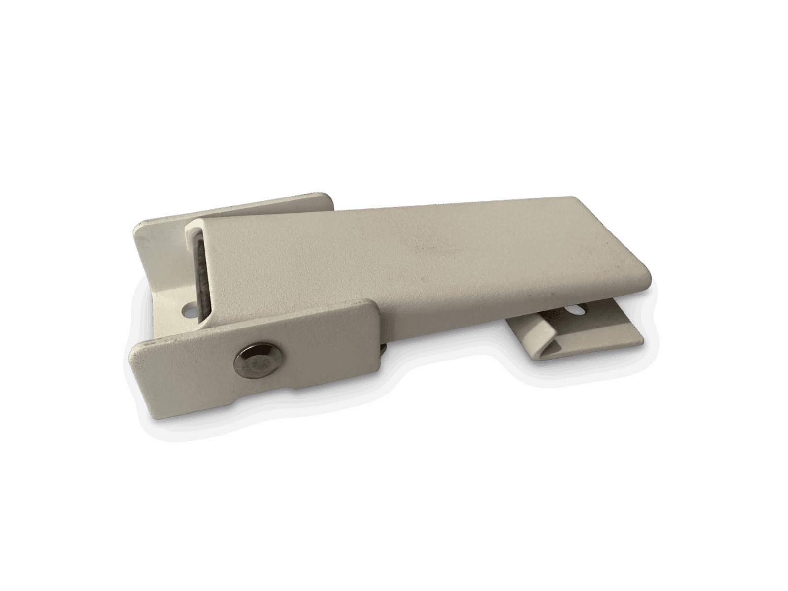 White metal toggle latch with flat lever and screw holes for mounting.