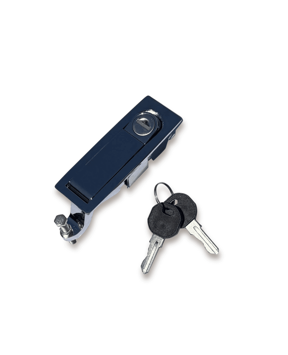 Black metal latch lock with cylinder lock and two attached keys on a key ring.