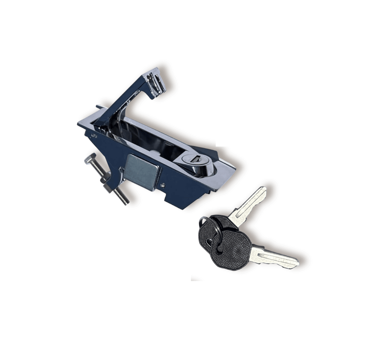 Metal latch lock with keyhole and two keys on a keyring, including a tightening screw.