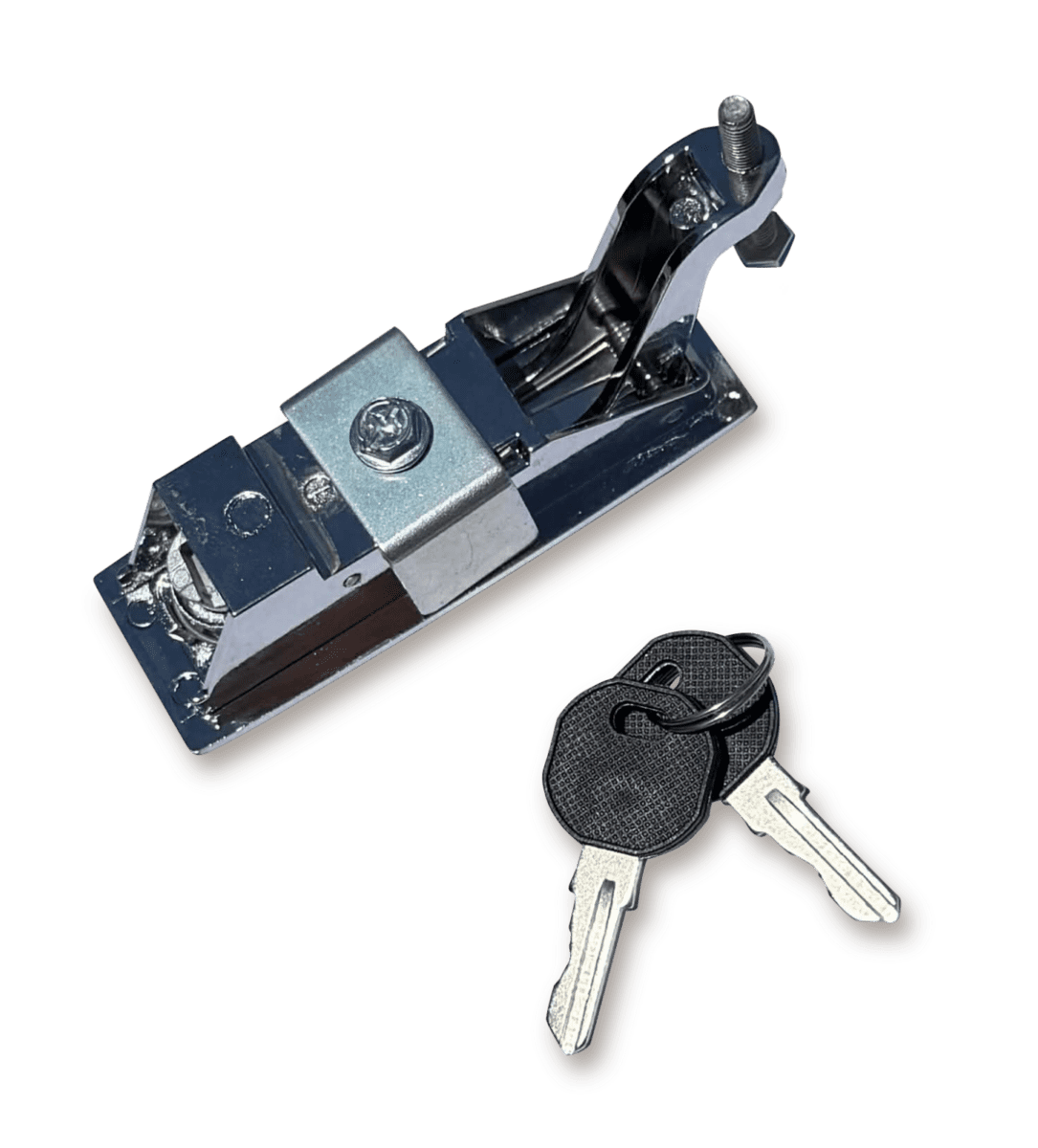 Metal latch lock with mounting plate and two silver keys with black plastic heads on keyring.