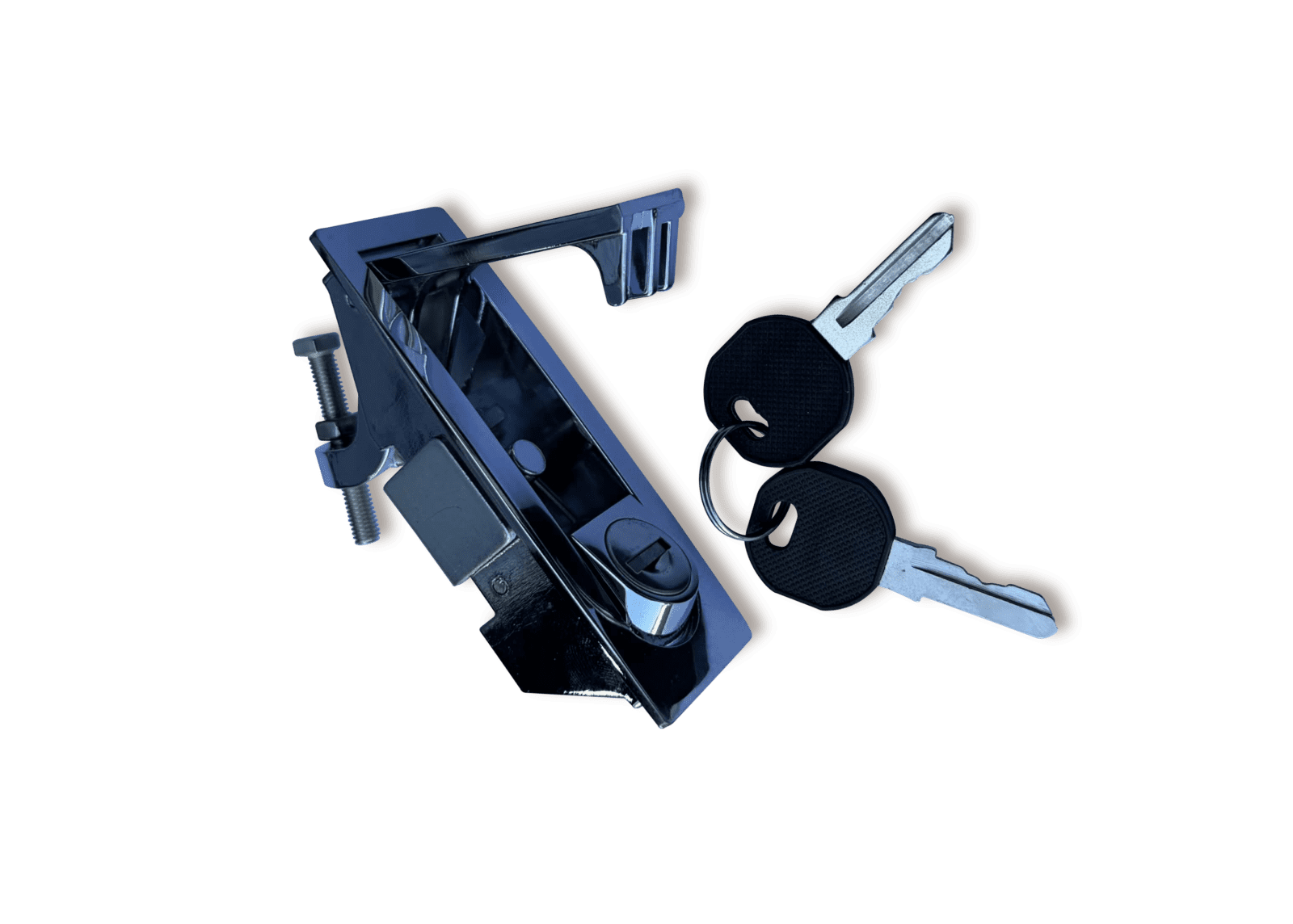 Black metal latch lock with turning handle and two attached keys with black plastic grips.