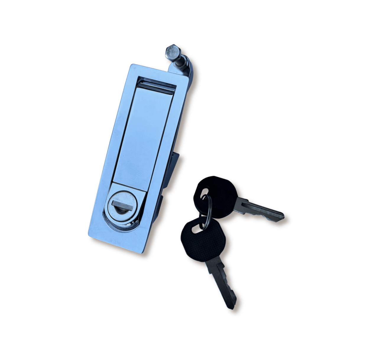 Chrome rectangular door latch with built-in lock next to two keys with black plastic tops.